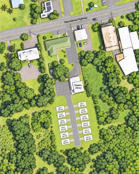 Aerial site plan showing 12 units in two rows behind the Nāʻālehu Public Library, off Māmalahoa Highway.
